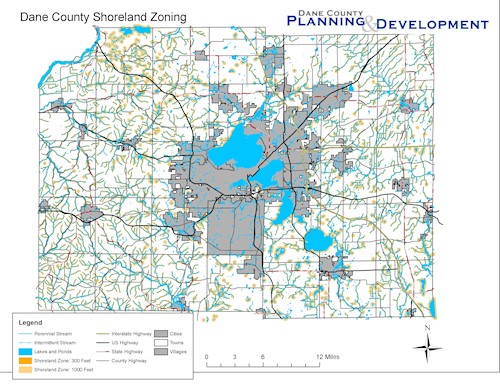 A map of Dane County showing all of the lands subject to shoreland zoning